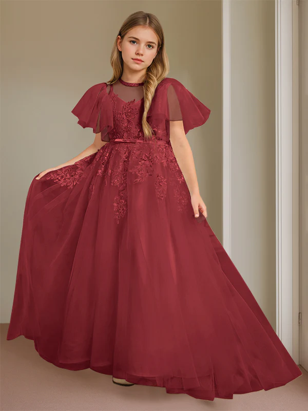 Ball-Gown Jewel Neck Short Sleeves Floor-Length Flower Girl Dress with Lace - Image 7