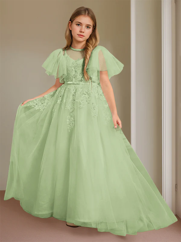 Ball-Gown Jewel Neck Short Sleeves Floor-Length Flower Girl Dress with Lace - Image 8