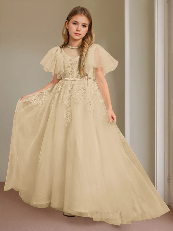 Ball-Gown Jewel Neck Short Sleeves Floor-Length Flower Girl Dress with Lace - Image 9