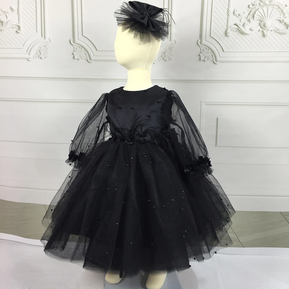 Ball Gown Long Sleeves Knee-Length Beading Baby Girl Party Dress with Feathers & Bow - Image 3