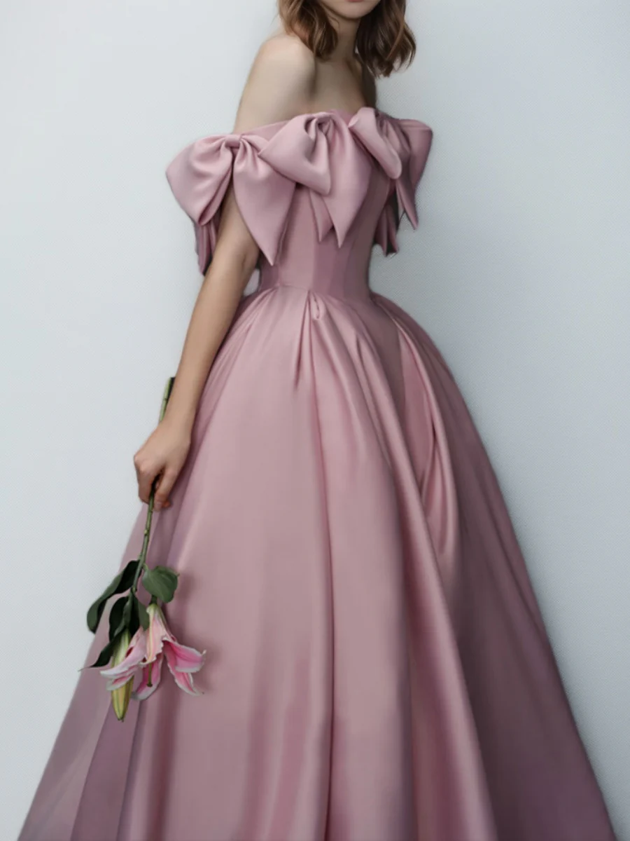 Ball Gown Off-the-shoulder Floor-Length Pleated Prom Dresses with Bows - Image 3