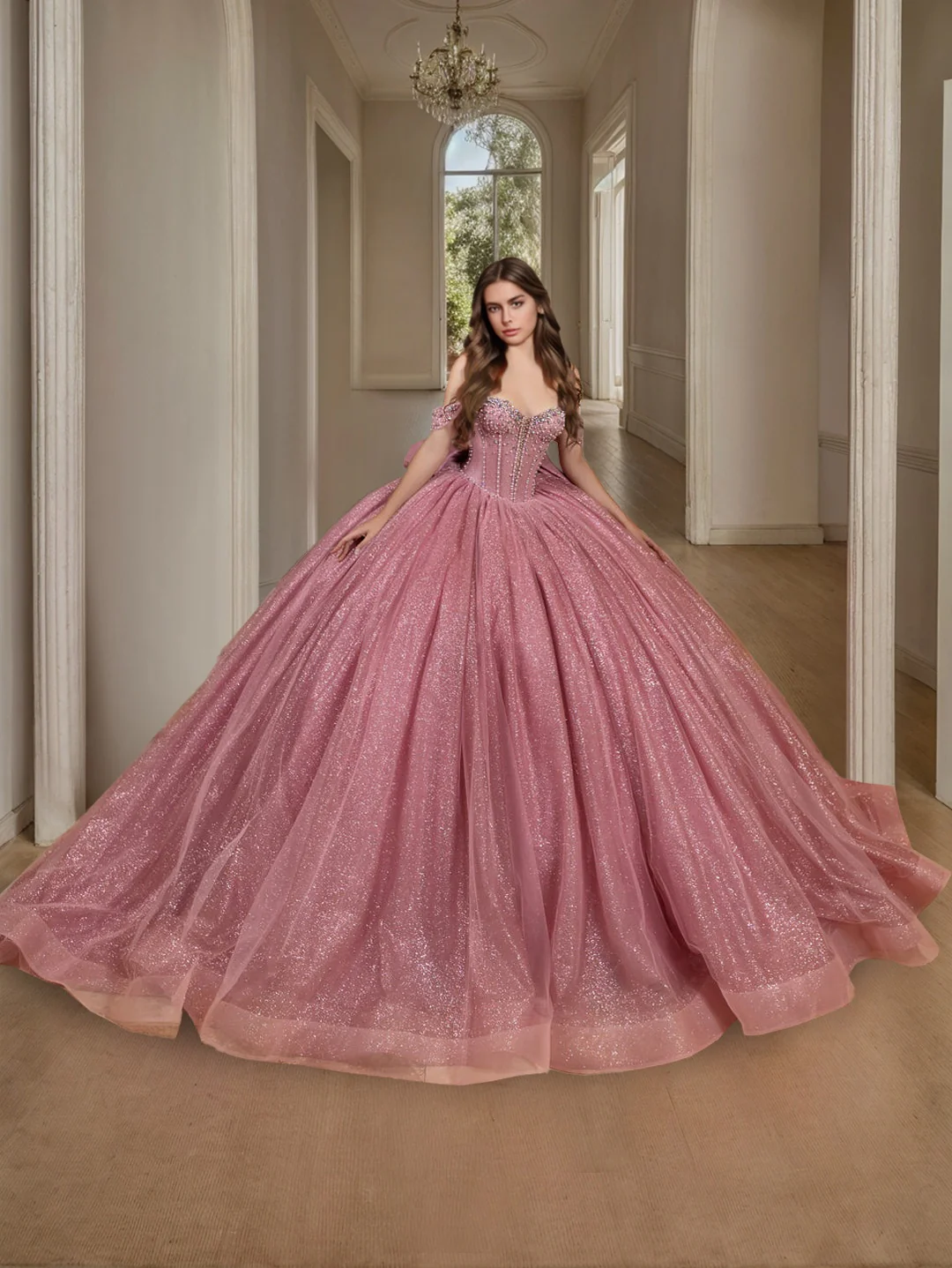 Ball Gown Off-the-Shoulder Sleeveless Floor-length Tulle Long Prom Dresses with Sequins - Image 2