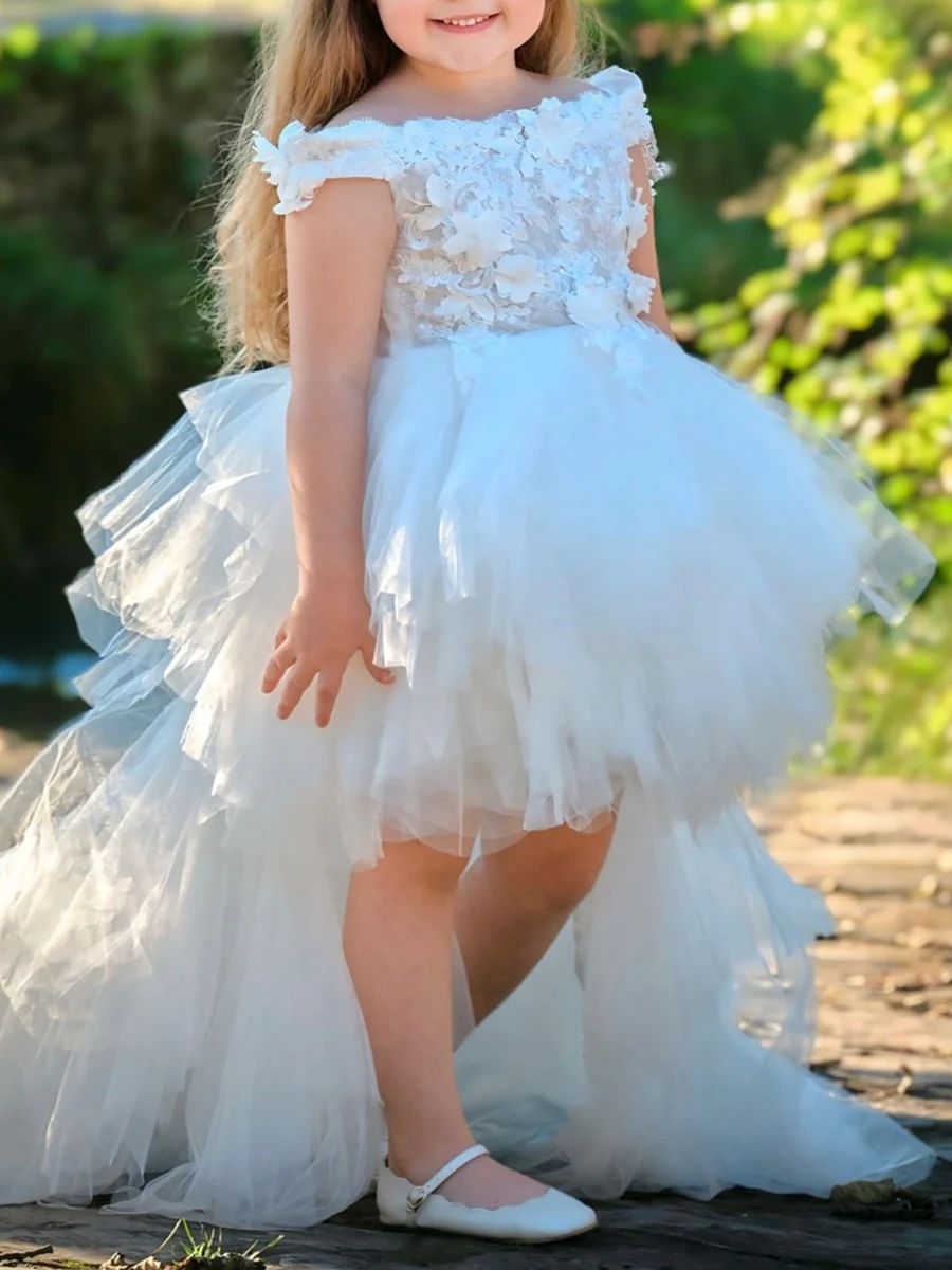 Ball Gown Off-the-Shoulder Sleeveless Flower Girl Dress With Lace Embroidery & Watteau Train - Image 3