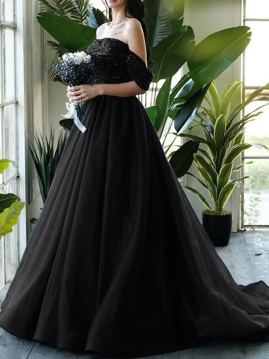 Ball-Gown Off-the-Shoulder Sweep Train Sequined Black Wedding Dresses - Image 2