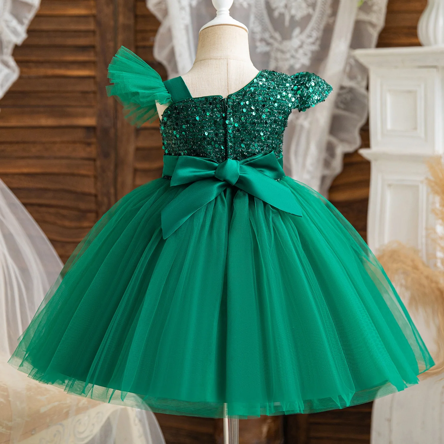 Ball-Gown One-Shoulder Short Sleeves Knee-Length Flower Girl Dress with Lace,Sequins & Bowknot - Image 2
