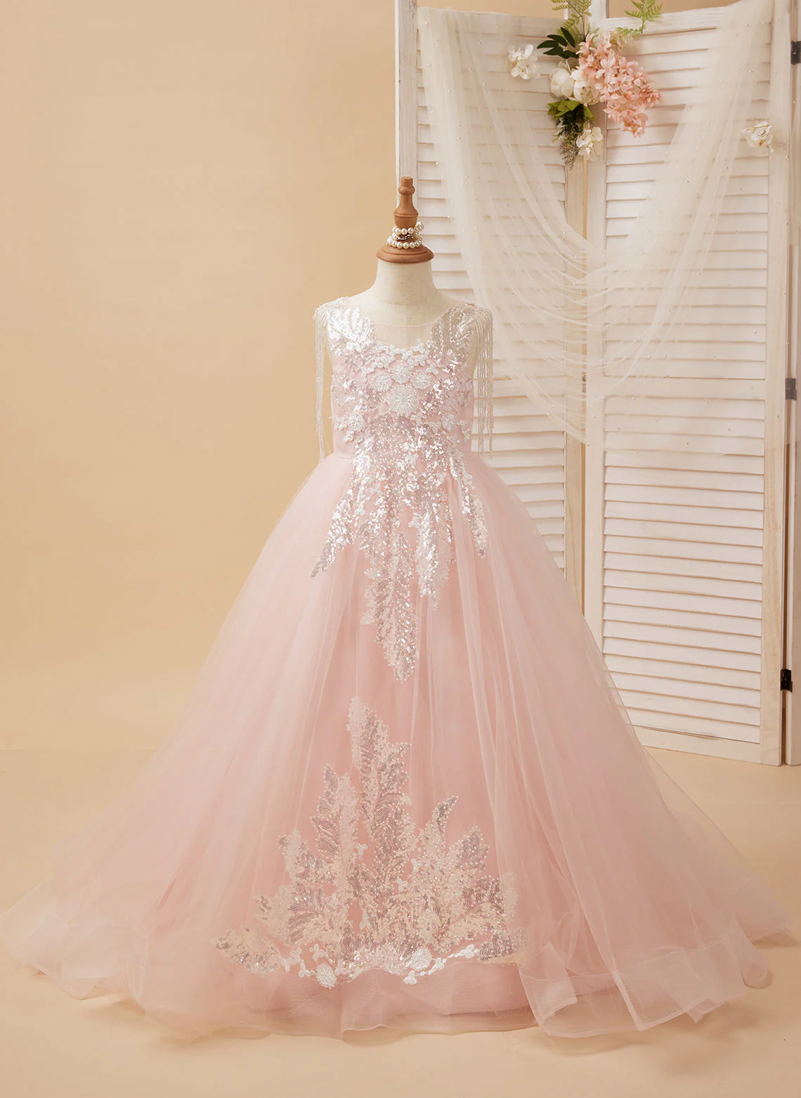 Ball-Gown/Princess Satin Tulle Floor-length Pink Flower Girl Dress - Image 5
