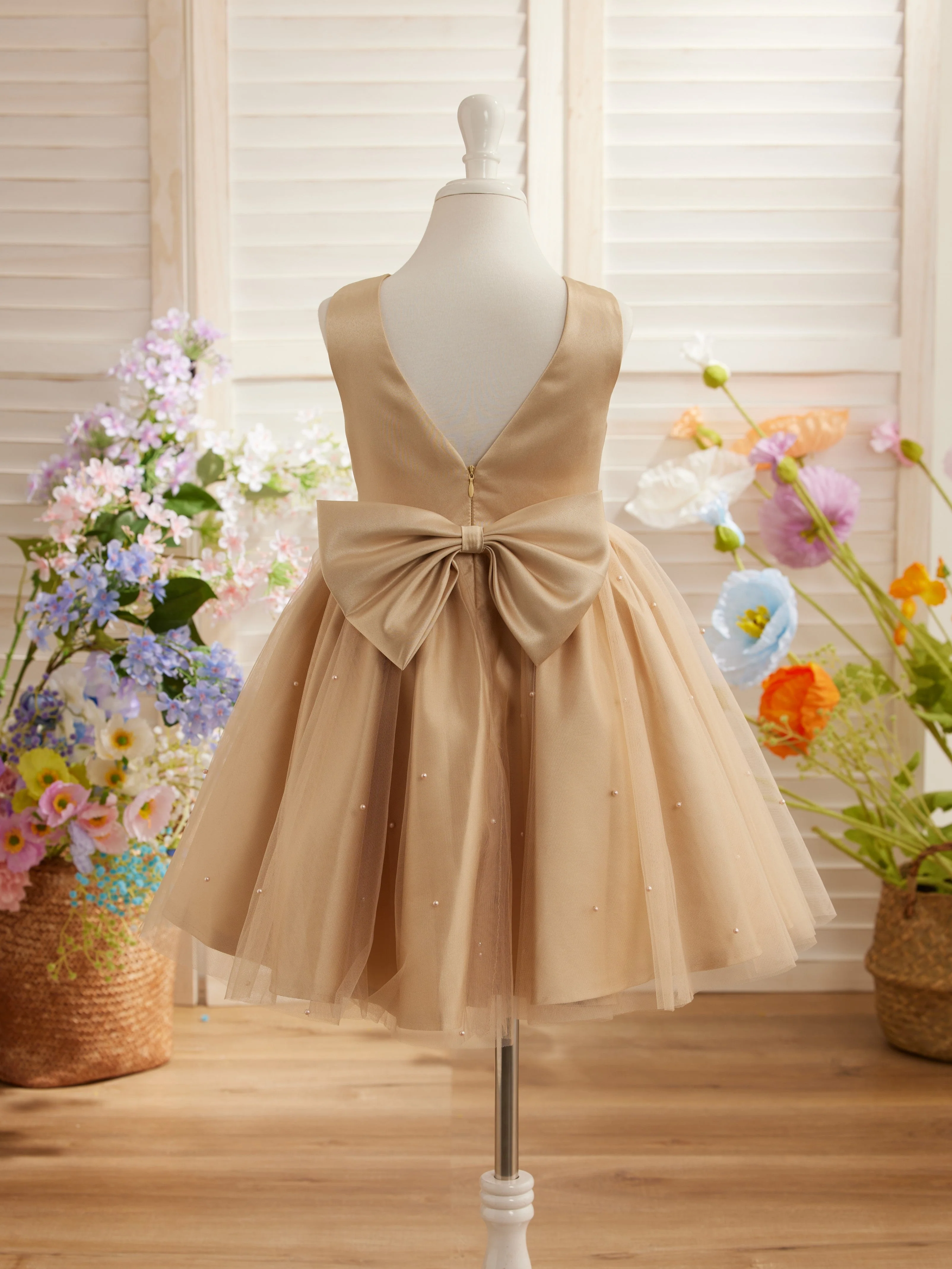 Ball-Gown/Princess Satin Tulle Knee-length Flower Girl Dress - Image 9