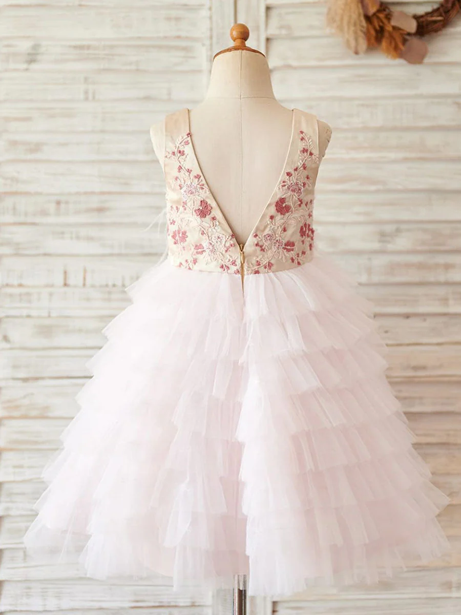 Ball-Gown/Princess Satin Tulle Knee-length Pink Flower Girl Dress - Image 2
