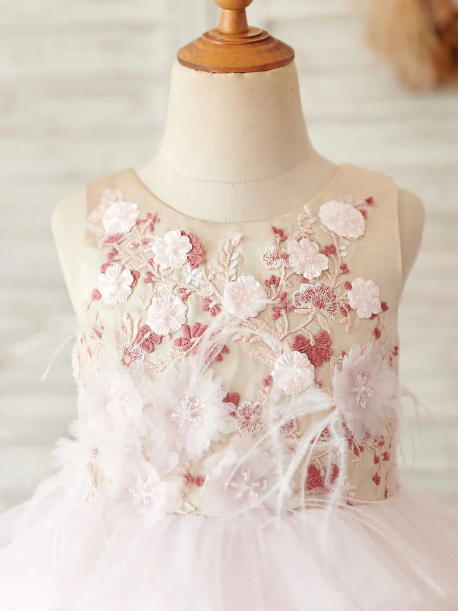 Ball-Gown/Princess Satin Tulle Knee-length Pink Flower Girl Dress - Image 3
