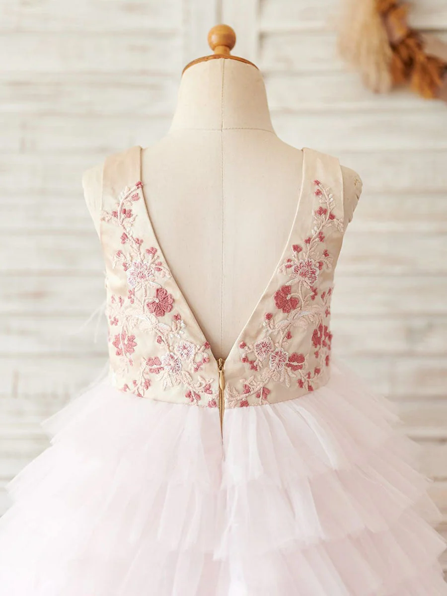 Ball-Gown/Princess Satin Tulle Knee-length Pink Flower Girl Dress - Image 4
