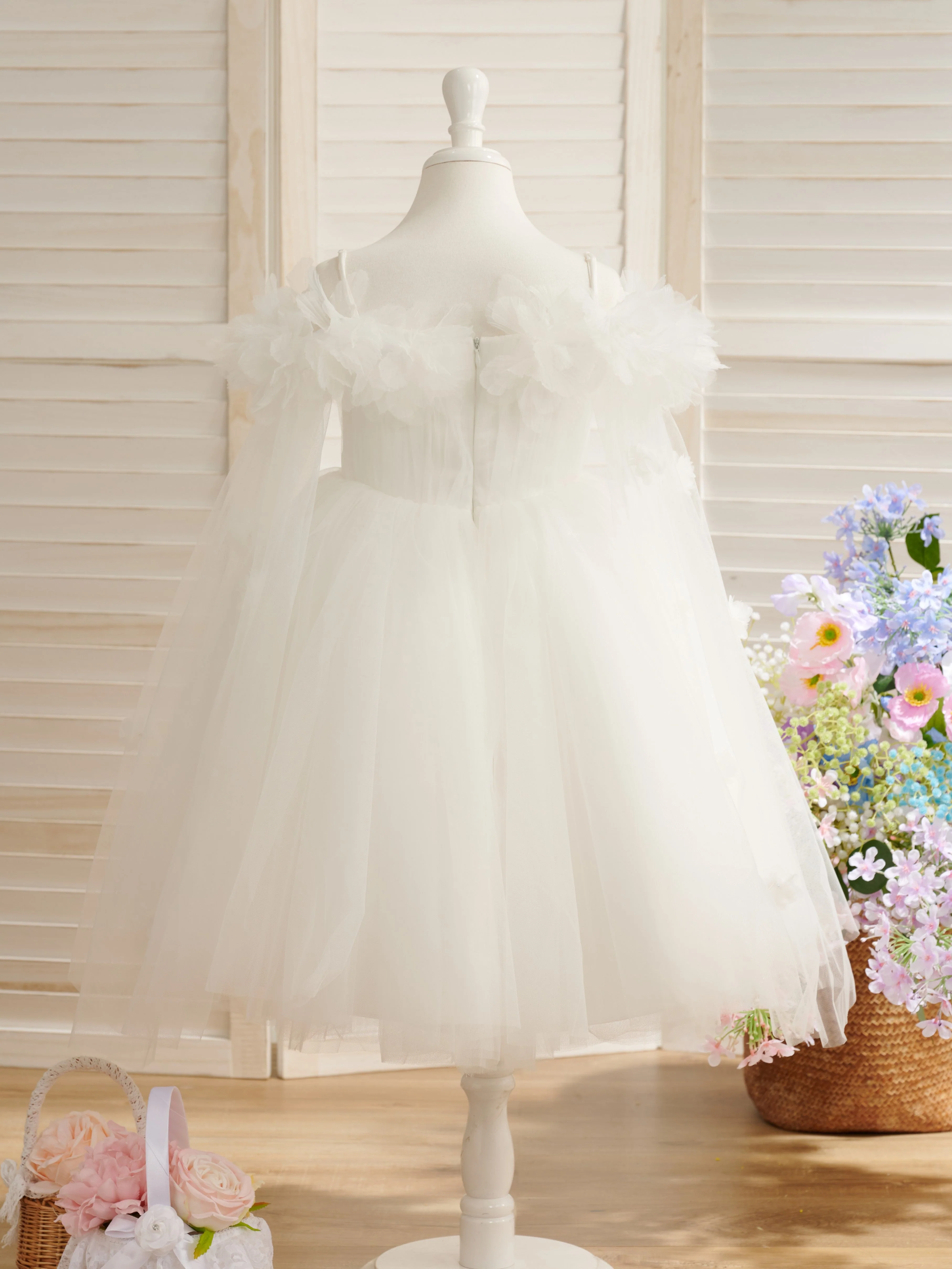 Ball-Gown/Princess Satin Tulle Tea-length Ivory Flower Girl Dress - Image 2