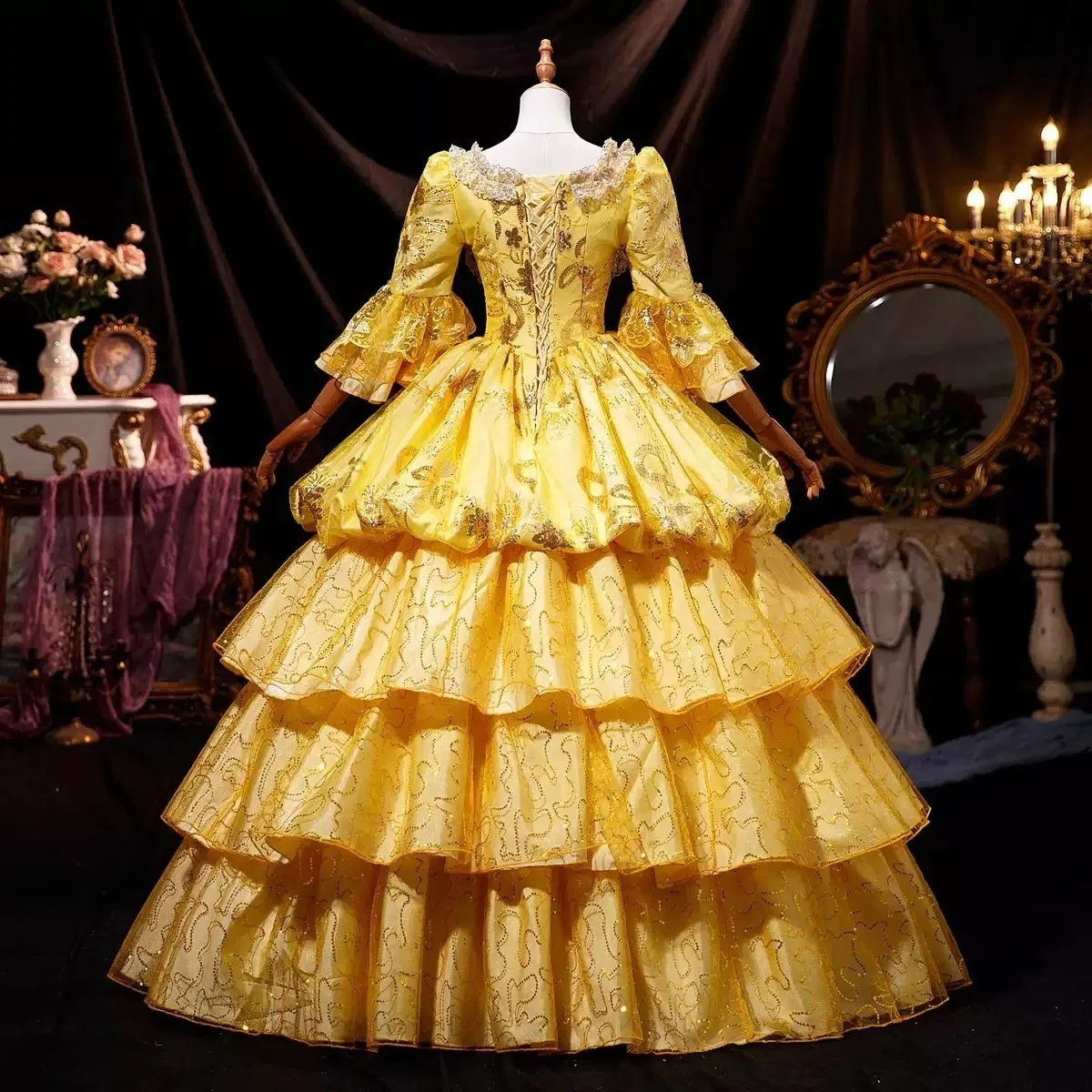 Ball Gown Round Neck Half Sleeves Floor-Length Lace Rococo Victorian Party Costume Masquerade Prom Quinceanera Dress - Image 2