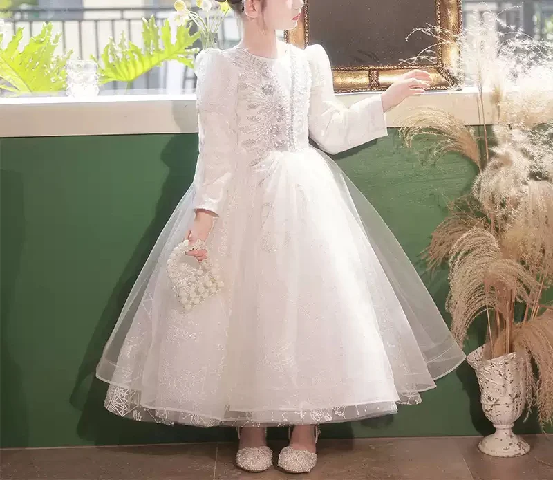 Ball Gown Round Neck Long Sleeves Flower Girl Lace Dress with Crystal Appliques - Image 3