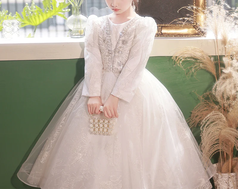 Ball Gown Round Neck Long Sleeves Flower Girl Lace Dress with Crystal Appliques - Image 5