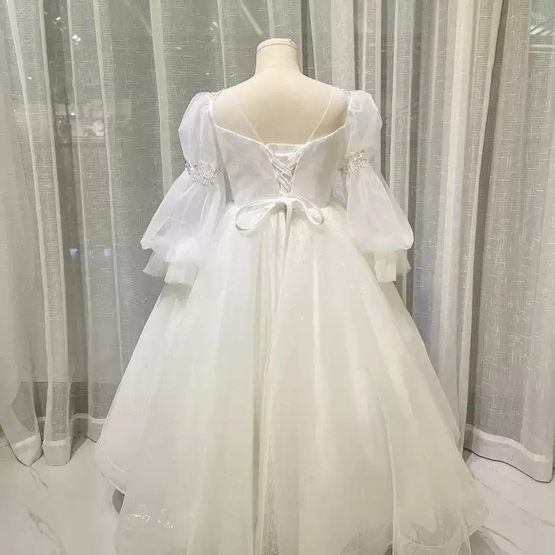 Ball Gown Round Neck Long Sleeves Flower Girl Lace Dress with Crystal Appliques - Image 2