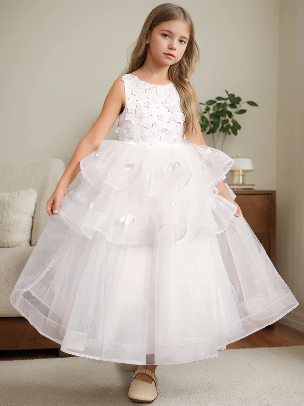 Ball-Gown Round Neck Sleeveless Ankle-Length Flower Girl Dress with Lace - Image 17