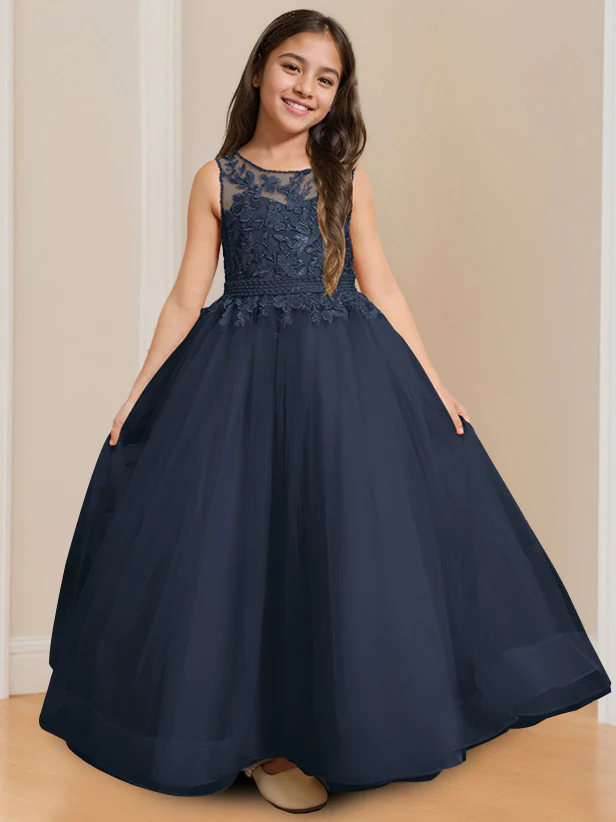 Ball-Gown Round Neck Sleeveless Floor-Length Flower Girl Dress with Appliques - Image 13