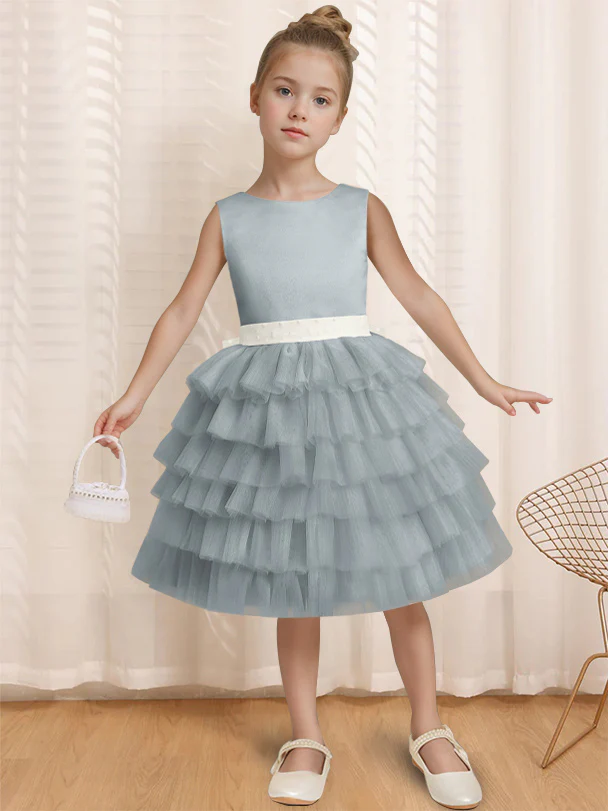 Ball-Gown Round Neck Sleeveless Knee-Length Flower Girl Dress with Ruffles & Bowknot - Image 9