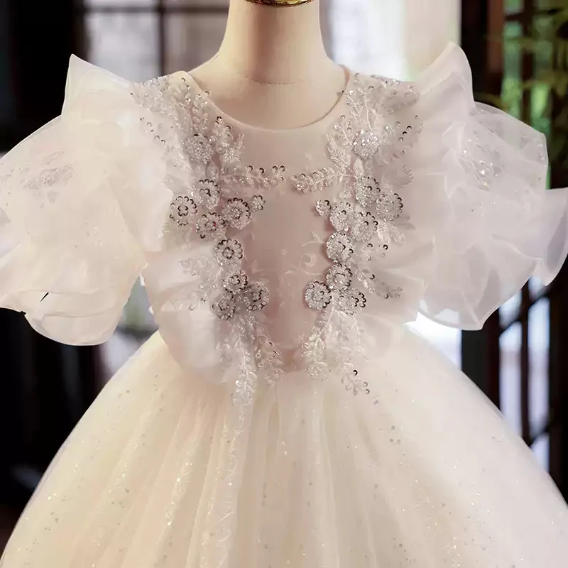 Ball Gown Ruffled Tulle Layered Flower Girl Party Dress with Rhinestone Appliques - Image 5
