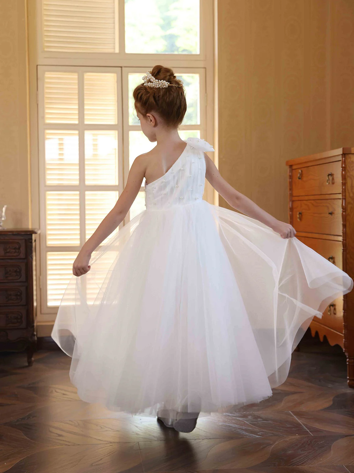 Ball-Gown Satin Tulle One-shoulder Sleeveless Ankle-Length Flower Girl Dresses With Bowknot - Image 2