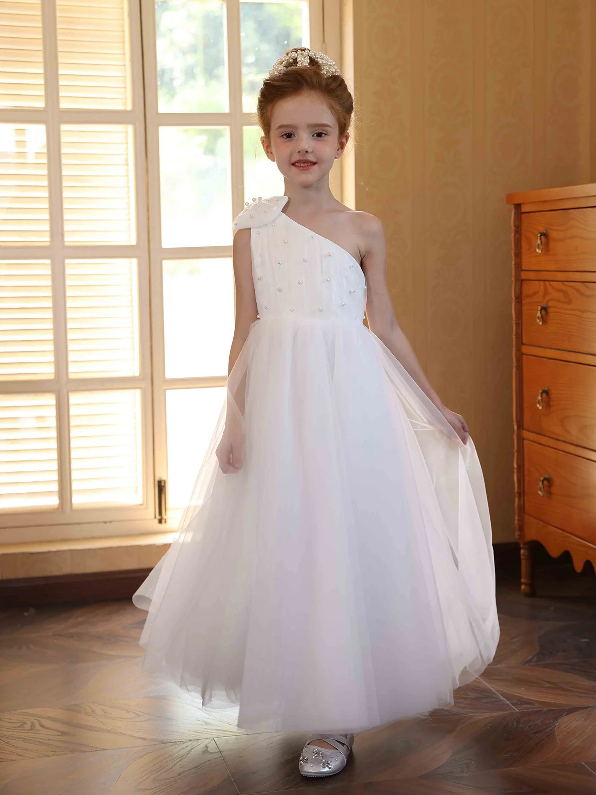 Ball-Gown Satin Tulle One-shoulder Sleeveless Ankle-Length Flower Girl Dresses With Bowknot - Image 4