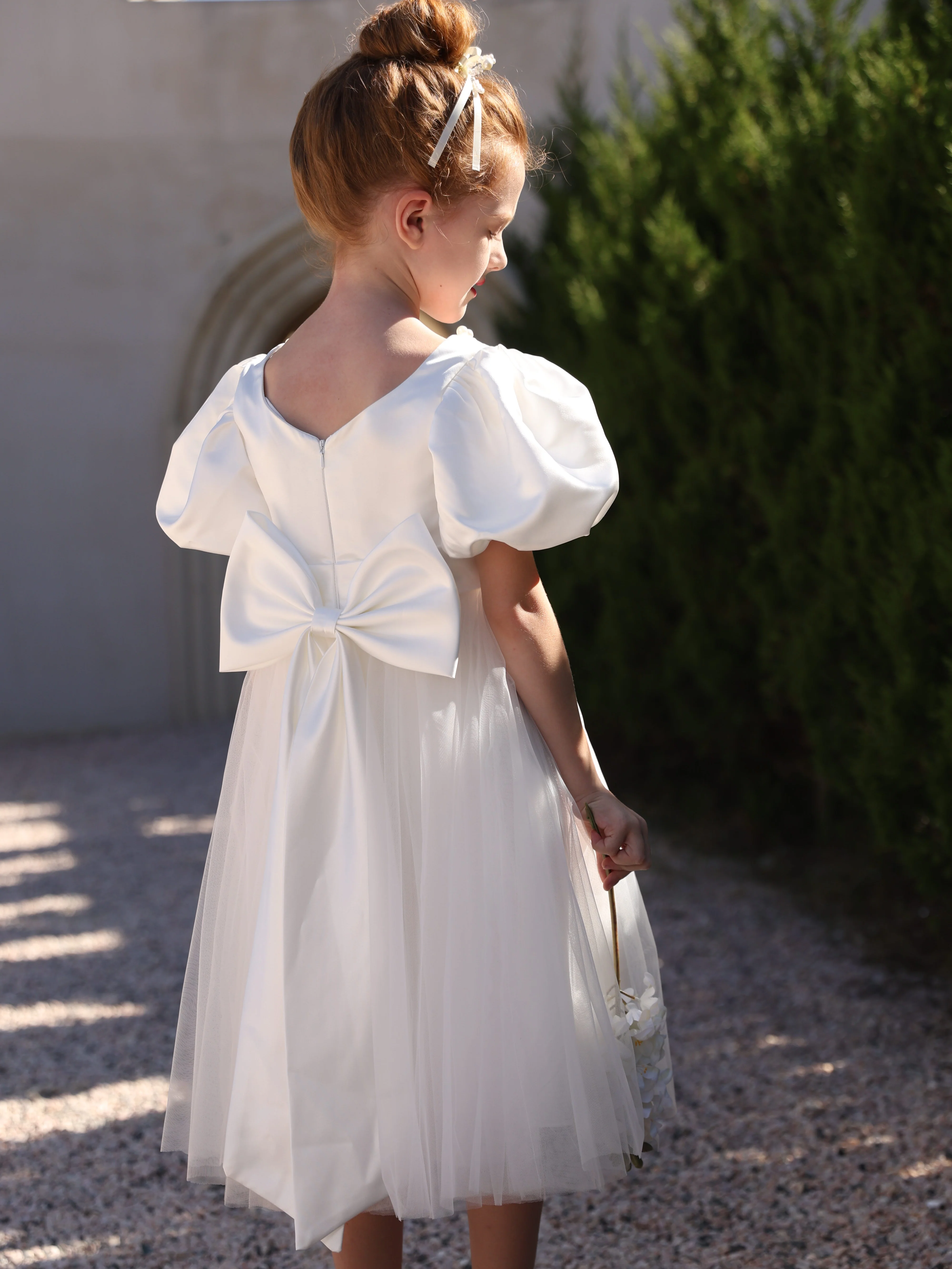 Ball-Gown Satin Tulle Scoop Short Sleeves Tea-Length Flower Girl Dresses With Bowknot - Image 3