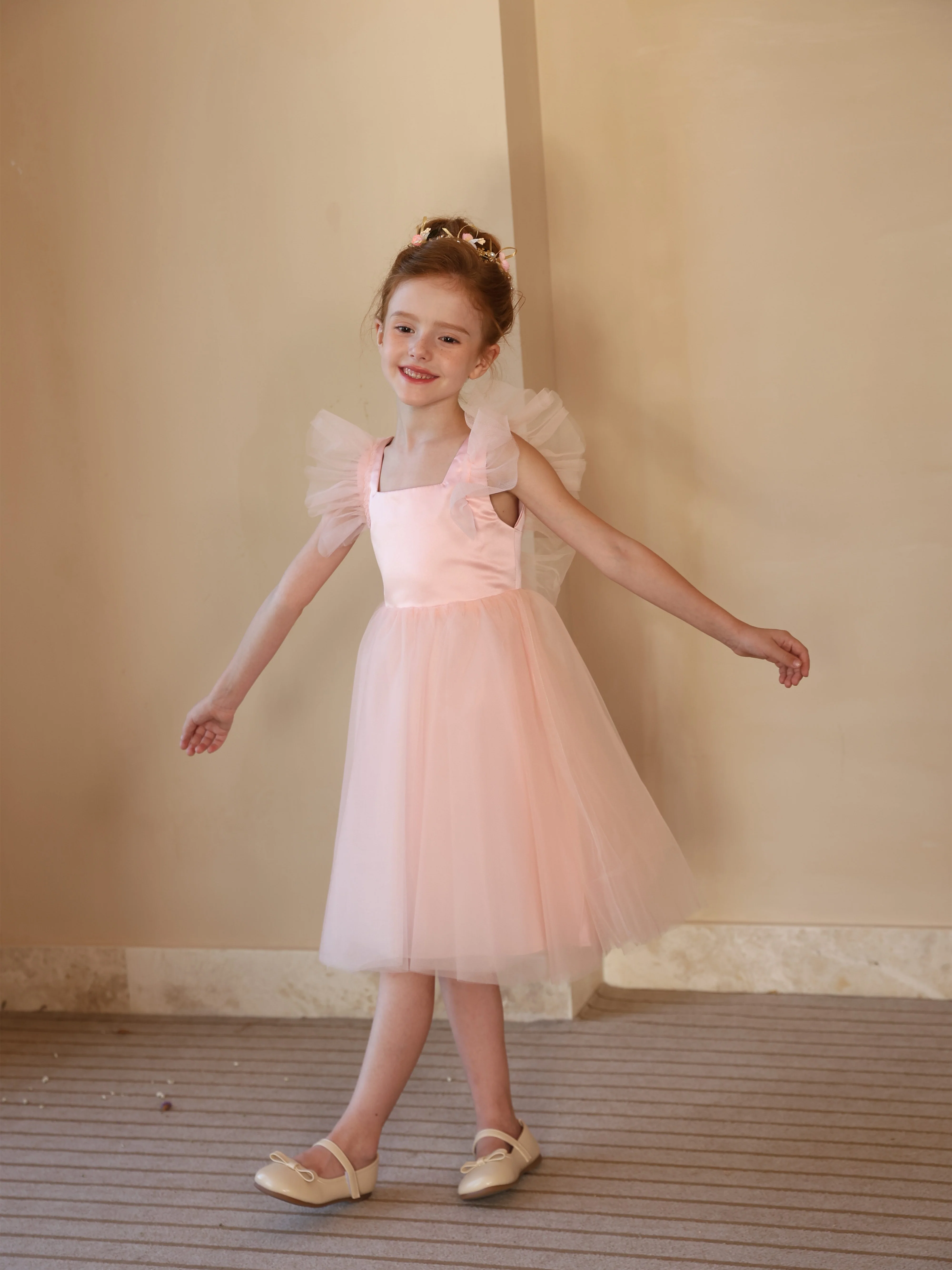 Ball-Gown Satin Tulle Square Neckline Sleeveless Tea-Length Flower Girl Dresses White Ruched - Image 4