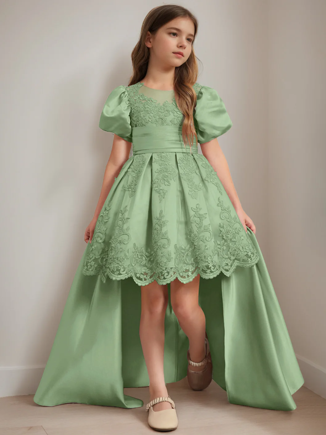 Ball-Gown Scoop Neck Short Sleeves Knee-Length Flower Girl Dress with Appliques - Image 20