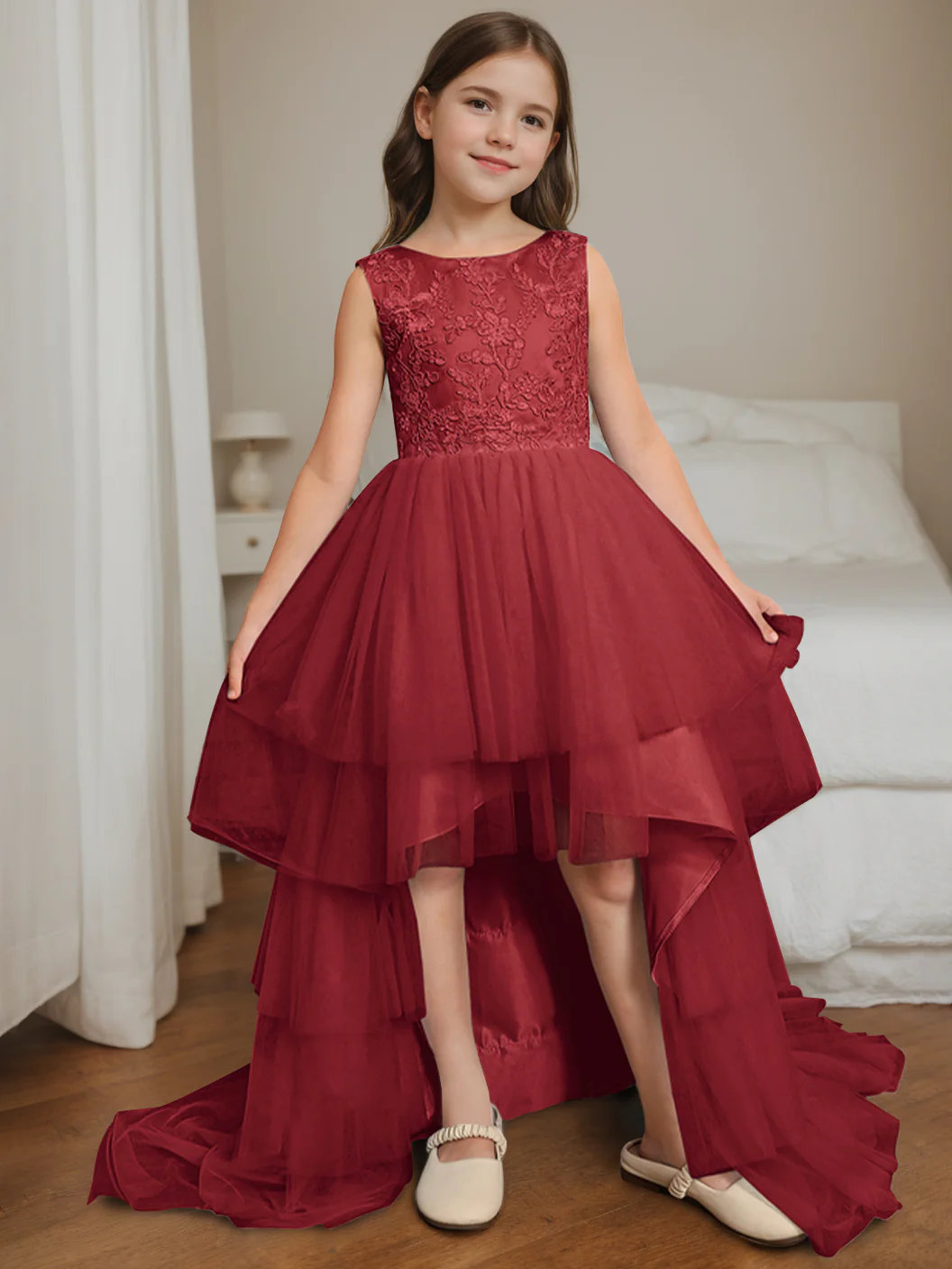 Ball-Gown Scoop Neck Sleeveless Asymmetrical Flower Girl Dress with Bowknot - Image 7