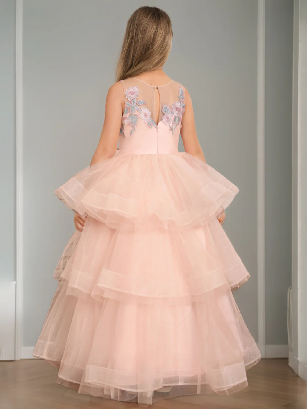 Ball-Gown Scoop Neck Sleeveless Floor-Length Flower Girl Dress with Lace & Appliques - Image 2