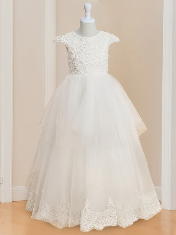Ball-Gown Scoop Neck Sleeveless Floor-Length Flower Girl Dress with Lace & Bowknot - Image 3