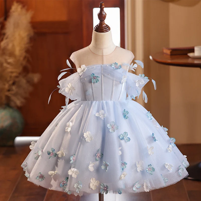 Ball Gown Scoop Neck Sleeveless Pleated Elegant Flower Girl Dress with Feather & Flower - Image 2