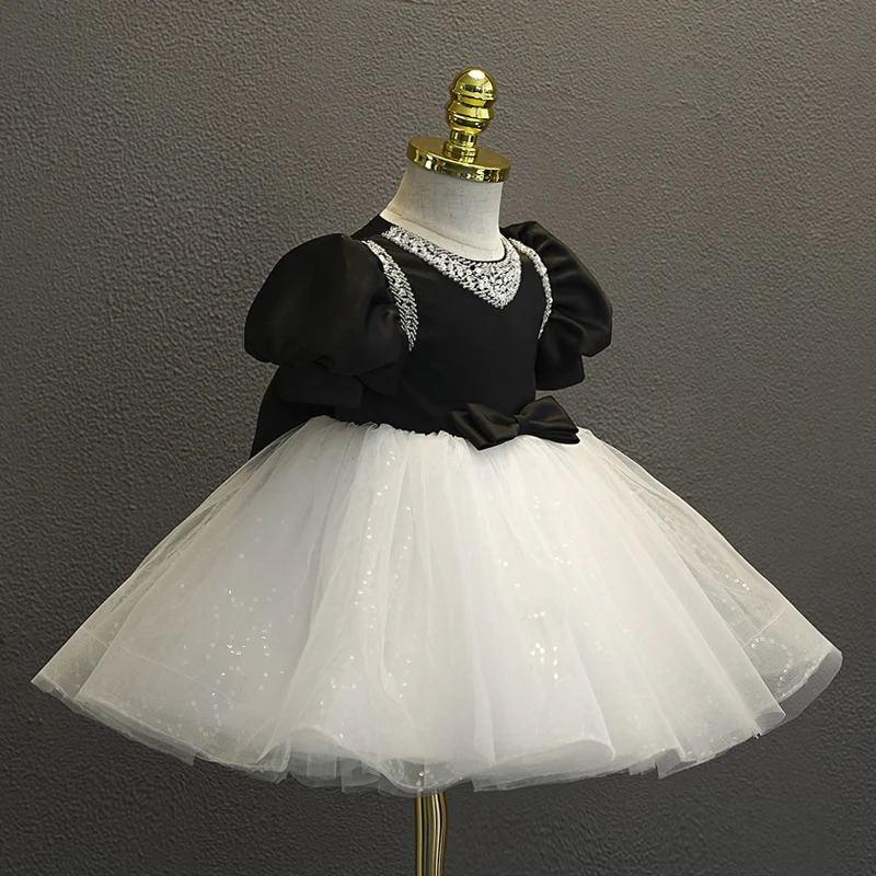 Ball Gown Short Sleeves Knee-Length Baby Girl Party Dress with Bow & Rhinestones - Image 2