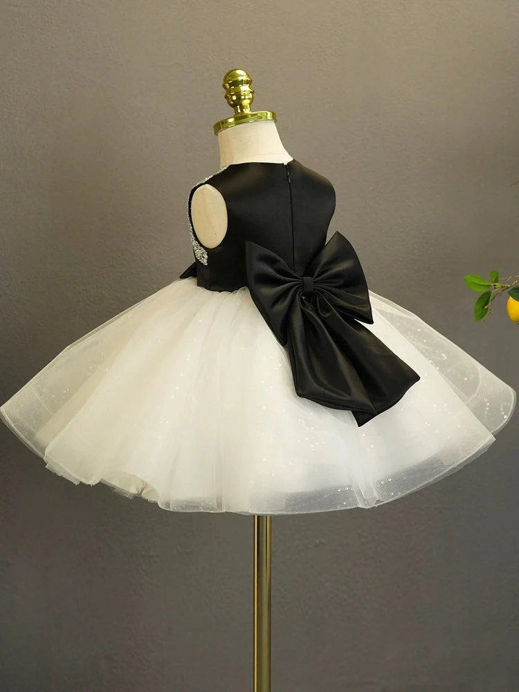 Ball Gown Sleeveless Knee-Length Baby Girl Party Dress with Bow & Rhinestones - Image 2