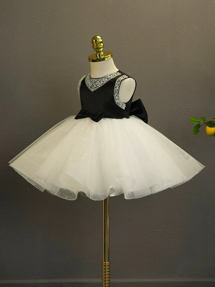 Ball Gown Sleeveless Knee-Length Baby Girl Party Dress with Bow & Rhinestones - Image 3