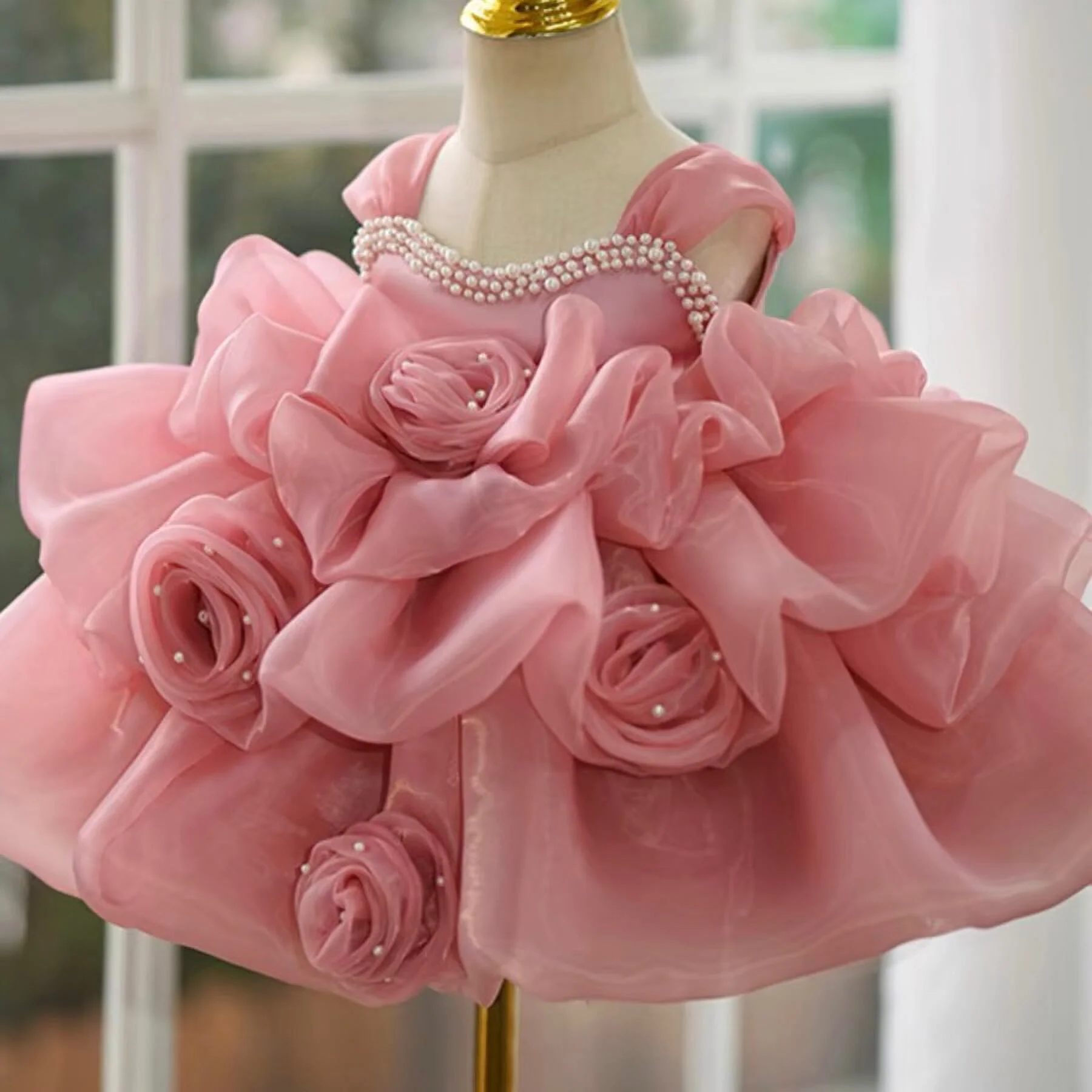 Ball Gown Sleeveless Knee-Length Baby Girl Party Dress with Ruched Flowers - Image 3
