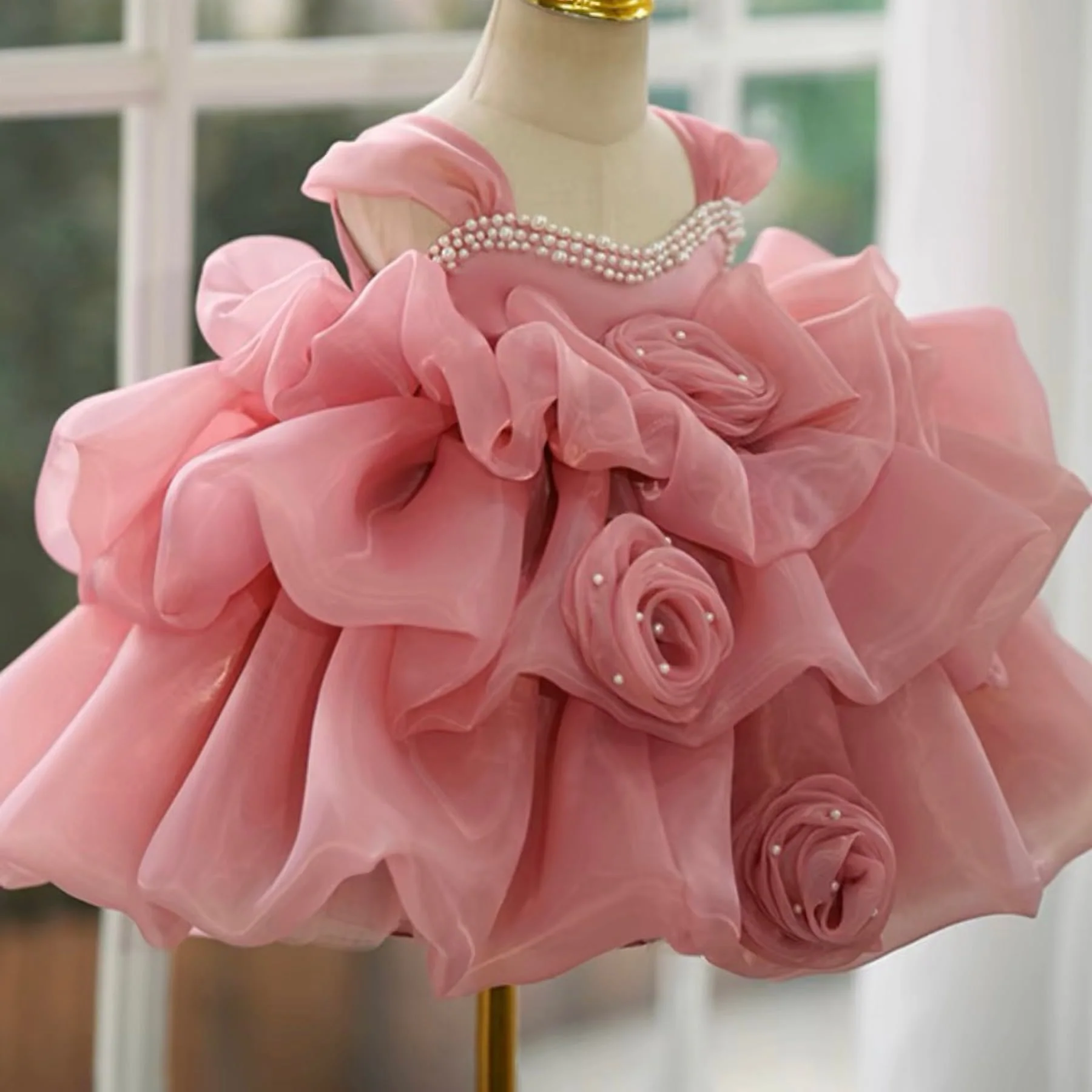 Ball Gown Sleeveless Knee-Length Baby Girl Party Dress with Ruched Flowers - Image 4