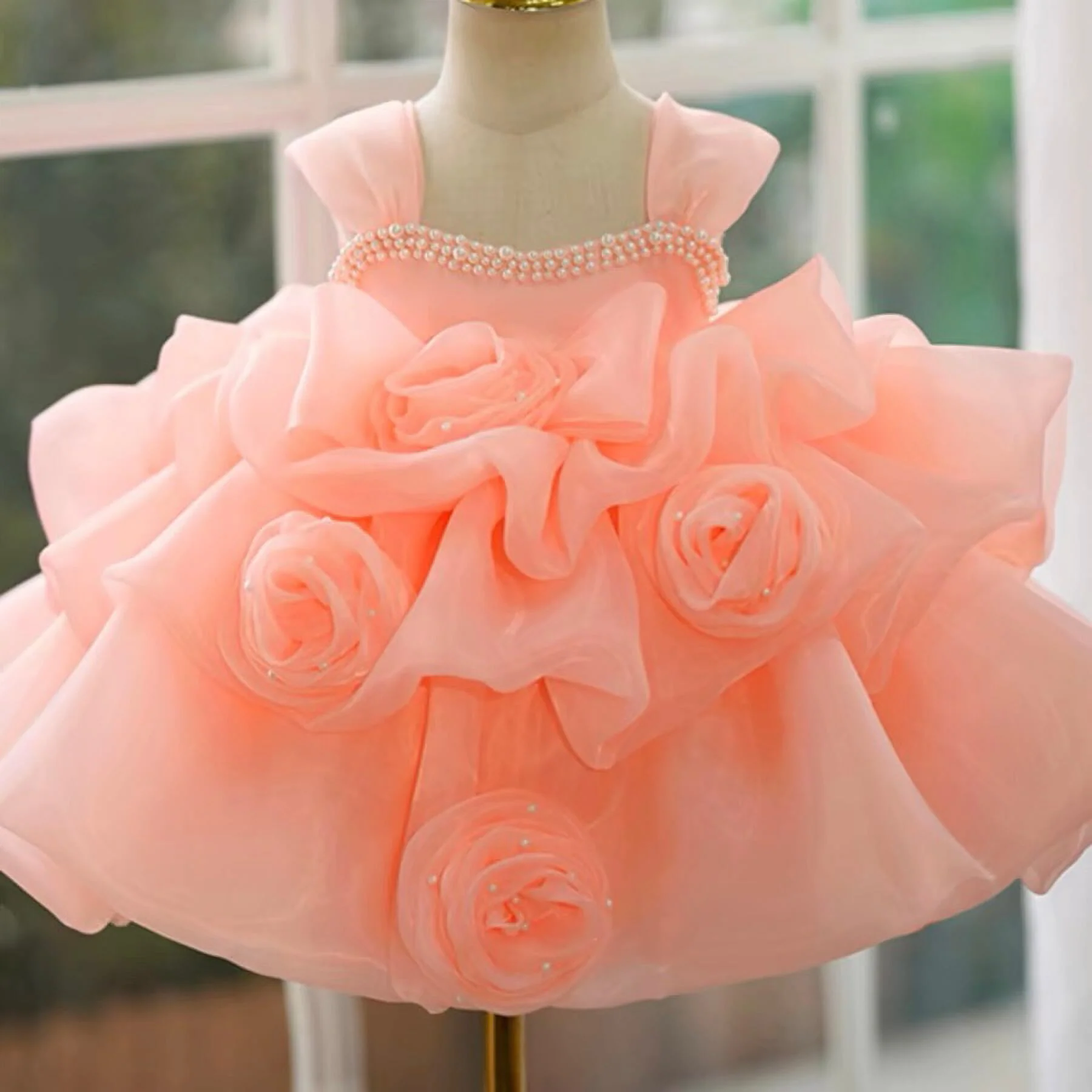 Ball Gown Sleeveless Knee-Length Baby Girl Party Dress with Ruched Flowers - Image 5