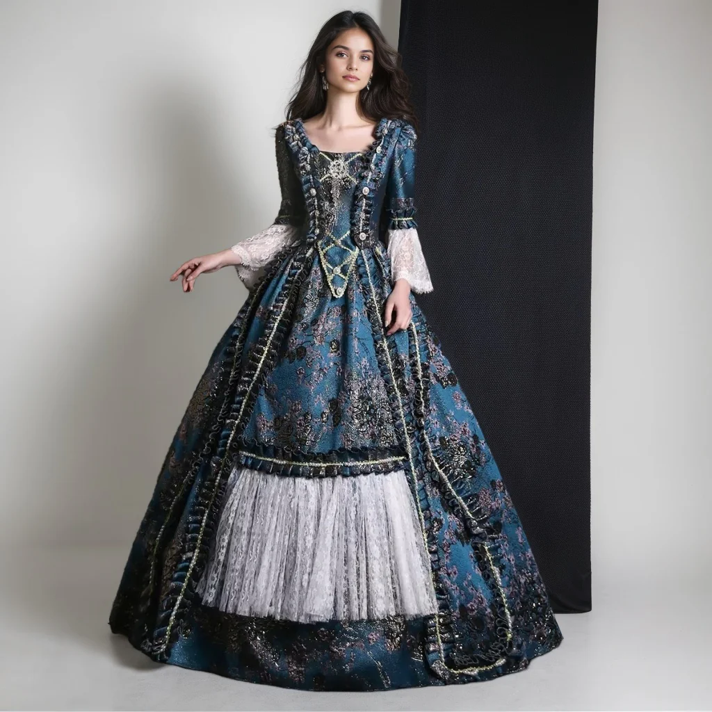 Ball Gown Square Neck Long Sleeves Floor-Length Lace Rococo Victorian Party Cosplay Costume Princess Masquerade Prom Quinceanera Dress