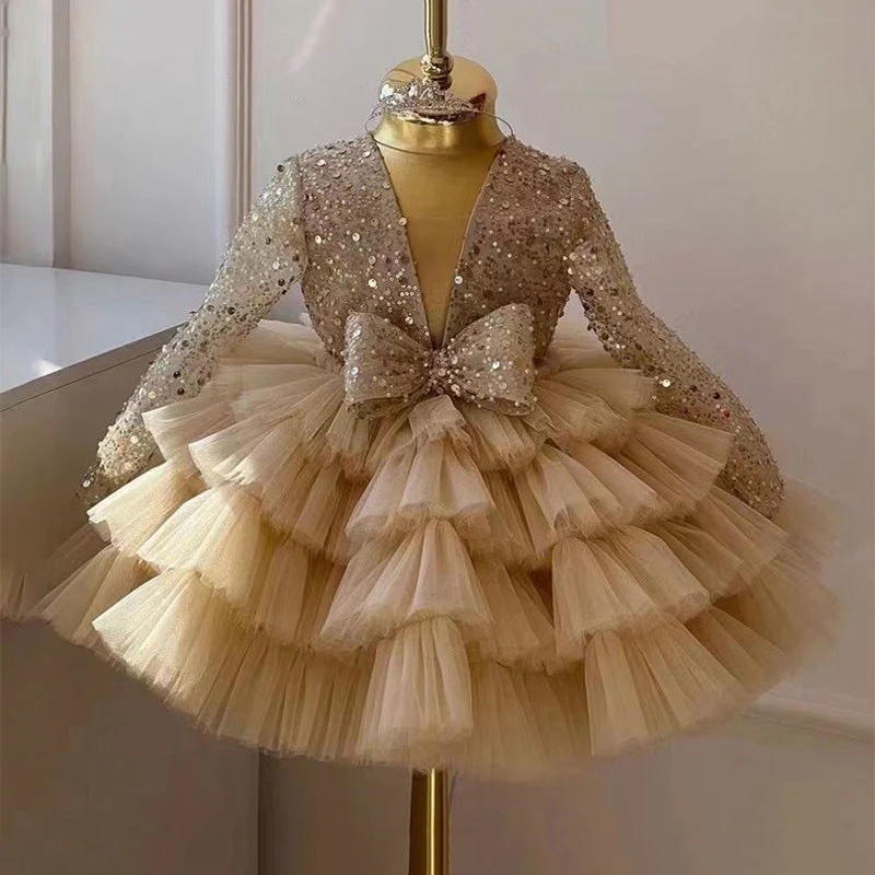 Ball Gown Square Neck Long Sleeves Sparkling Sequins Flower Girl Dress with Ruffles & Bow - Image 3