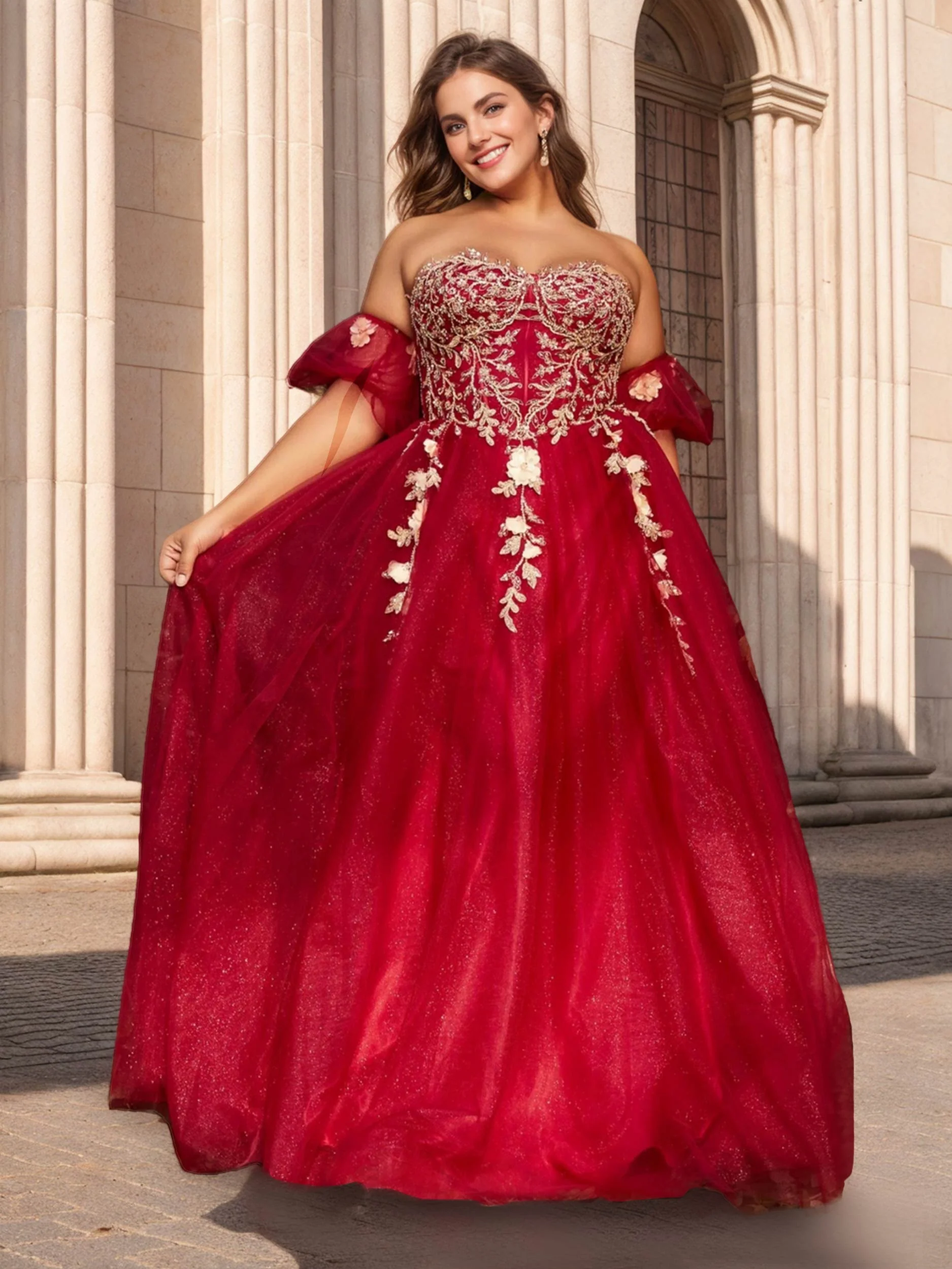 Ball Gown Strapless Sleeveless Floor-Length Plus Size Tulle Prom Dresses With Sequins and Appliques - Image 3