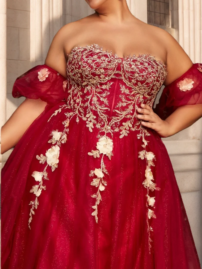 Ball Gown Strapless Sleeveless Floor-Length Plus Size Tulle Prom Dresses With Sequins and Appliques - Image 4