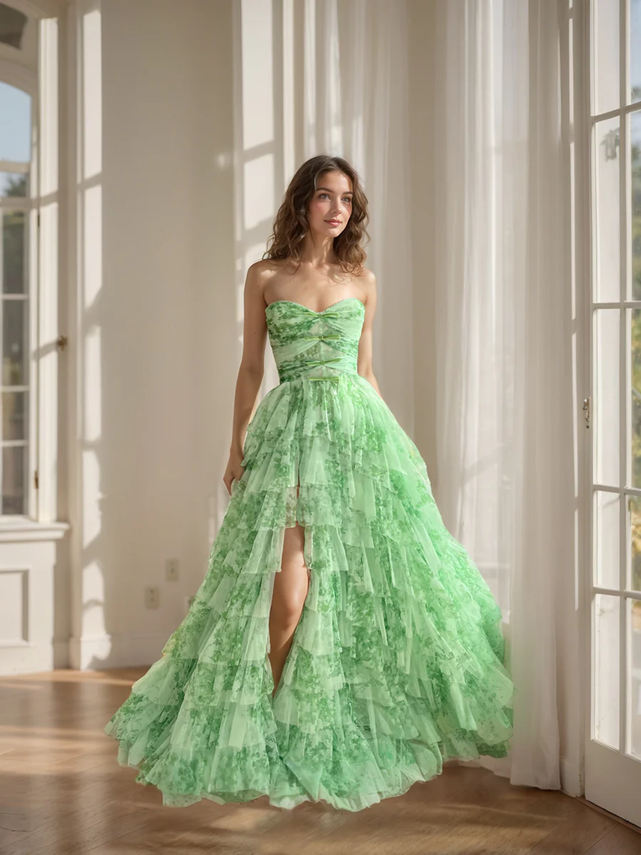Ball Gown Strapless Sleeveless Printed Floral Prom Dresses with Split Side & Bowknot & Ruffles - Image 3