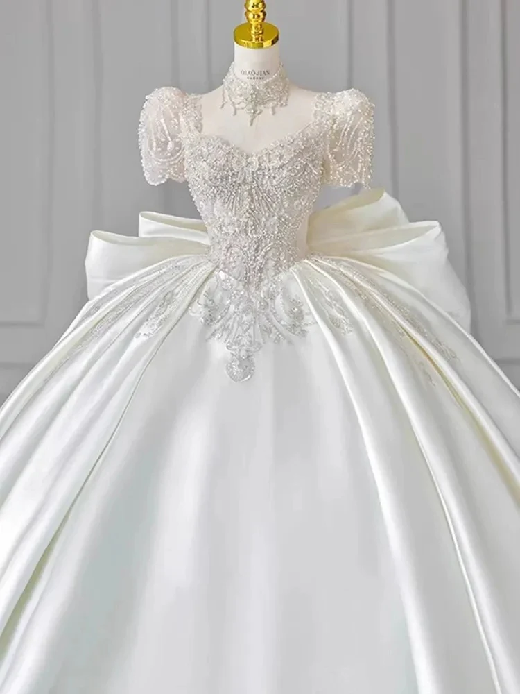 Ball Gown Sweetheart Short Sleeves Floor-Length Wedding Dresses with Lace Appliques & Beads & Oversized Bow - Image 3