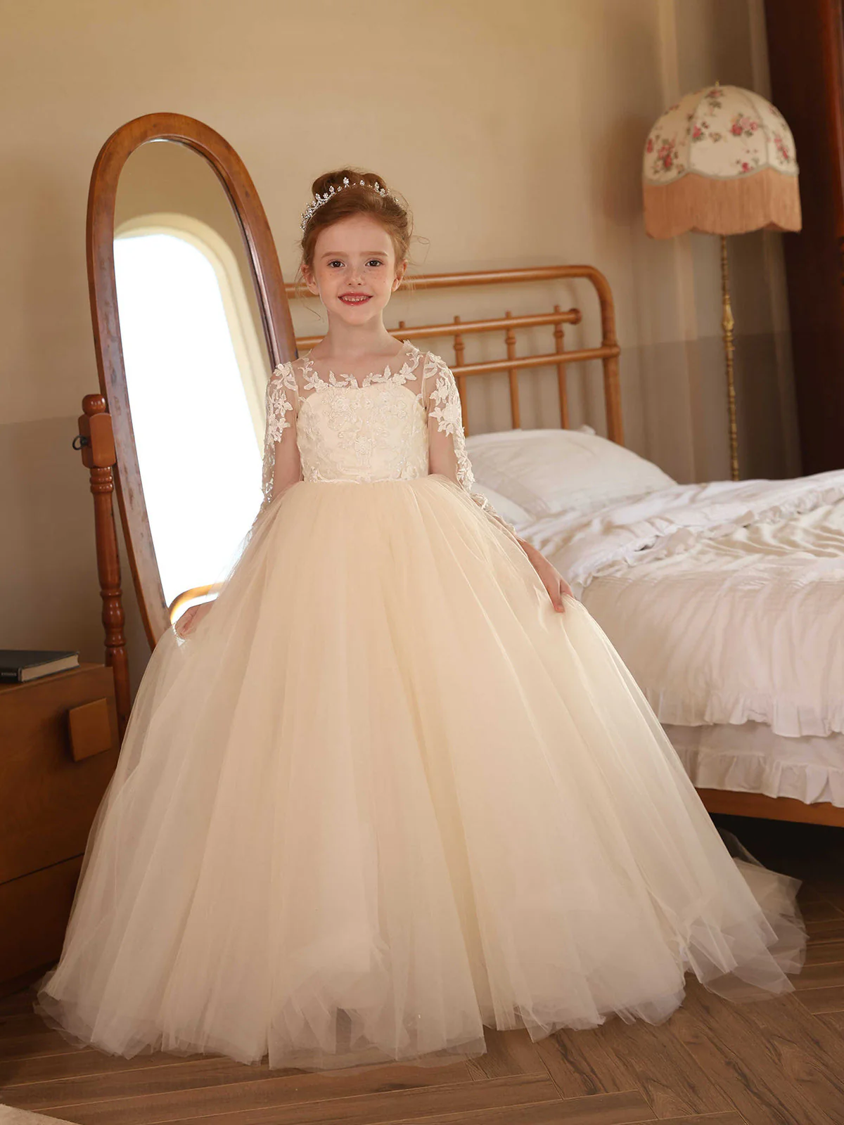 Ball-Gown Tulle Scoop Long Sleeves Floor-Length Flower Girl Dresses With Lace - Image 2