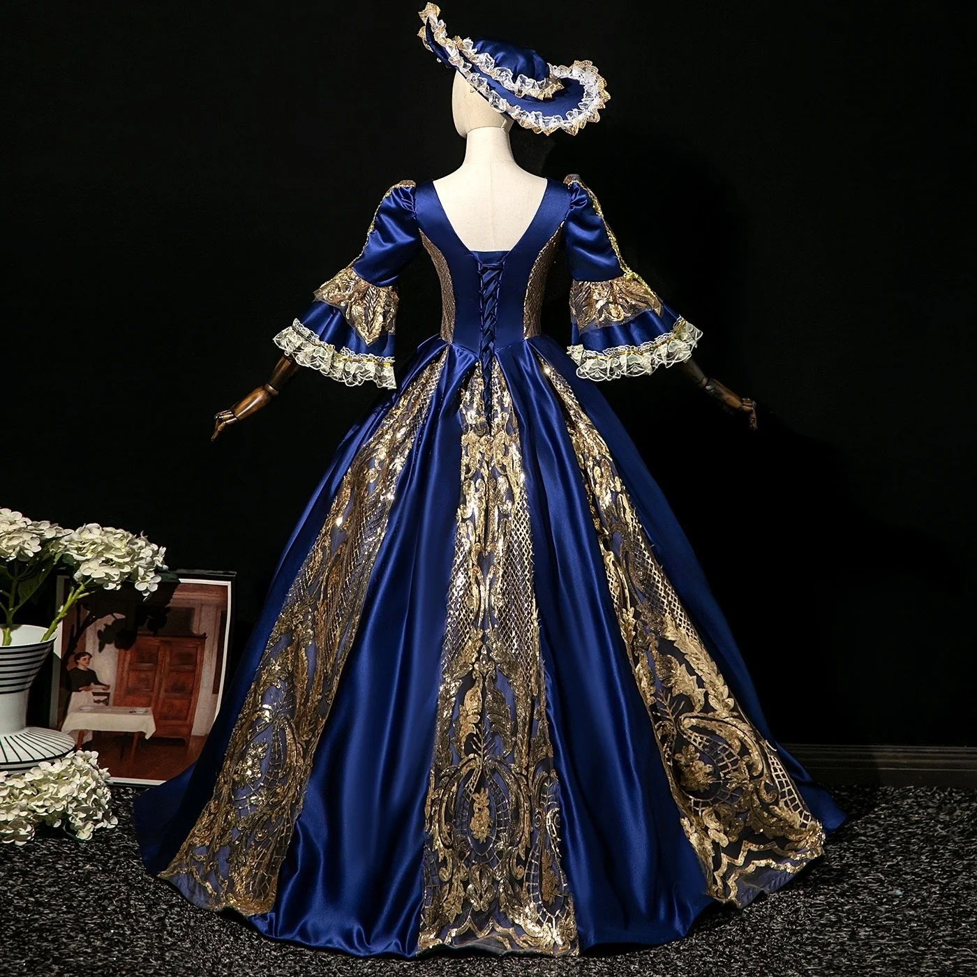 Ball Gown V-Neck 3/4 Length Sleeves Floor-Length Rococo Victorian Party Costume Masquerade Cosplay Prom Dress - Image 3