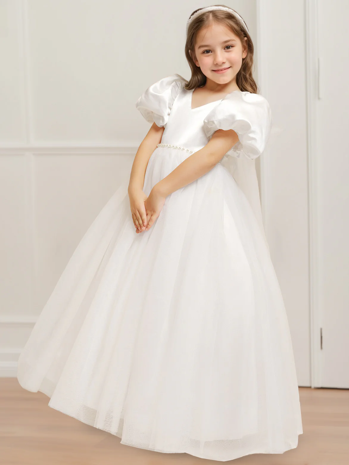 Ball Gown V-Neck Short Sleeves Floor-Length Flower Girl Dress with Beads & Bowknot - Image 3