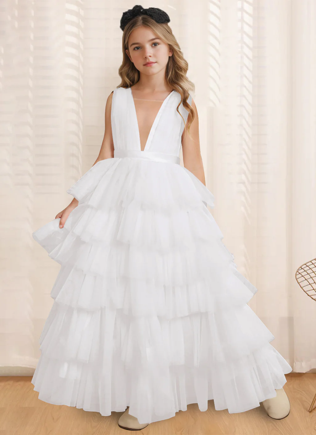 Ball-Gown V-Neck Sleeveless Floor-Length Flower Girl Dress With Ruffles - Image 17