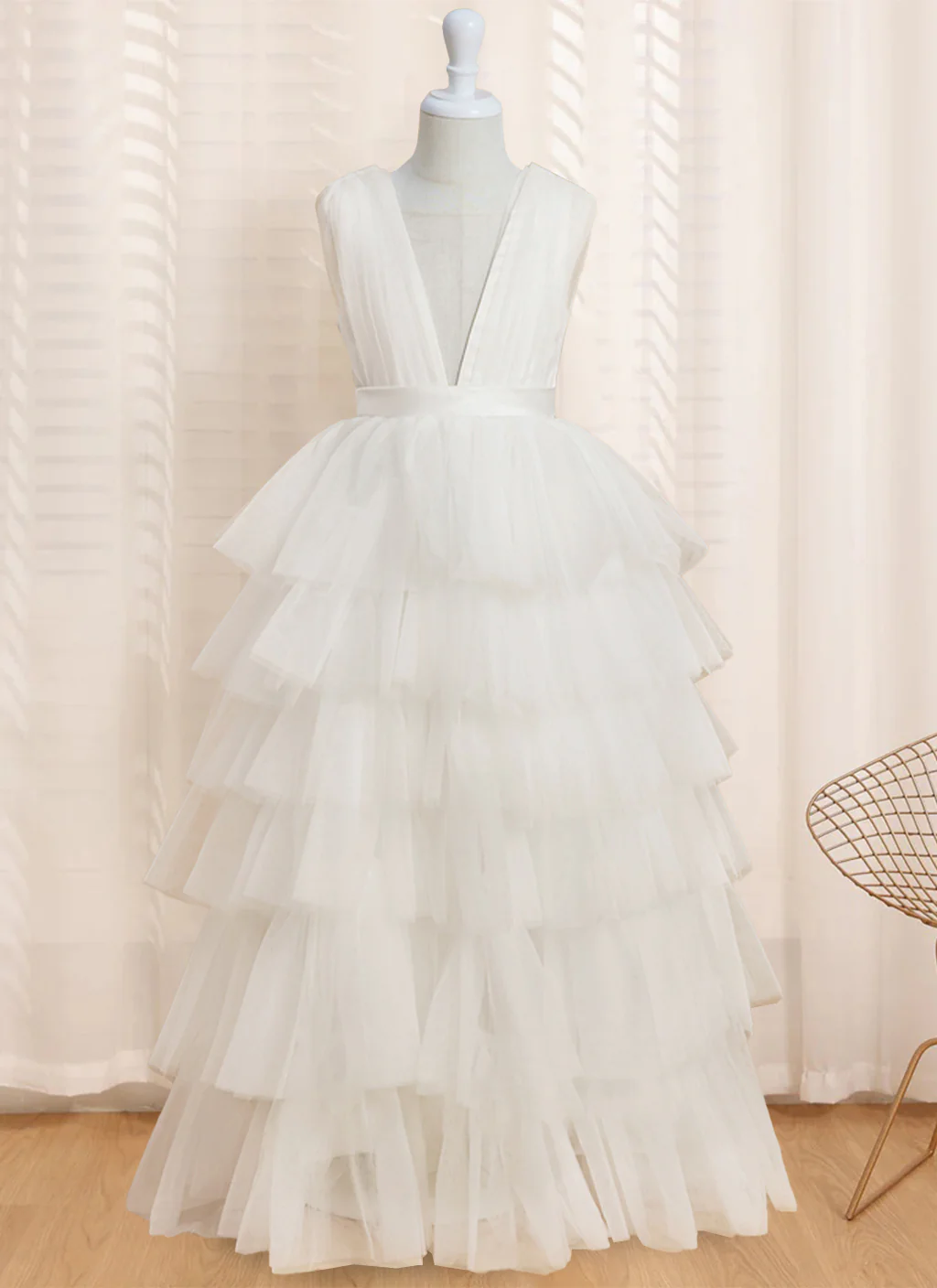 Ball-Gown V-Neck Sleeveless Floor-Length Flower Girl Dress With Ruffles - Image 3