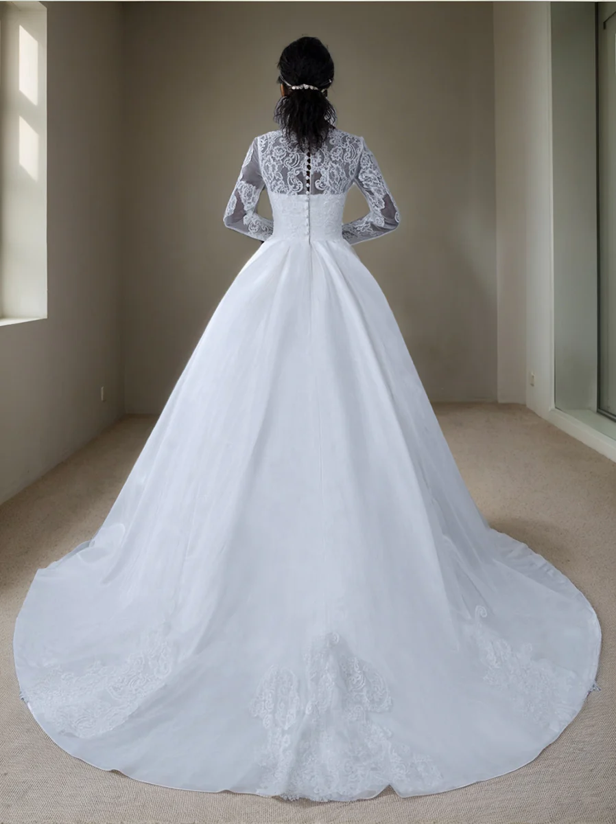 Ball Gown White V-Neck Long Sleeves Wedding Dresses with Appliques - Image 2